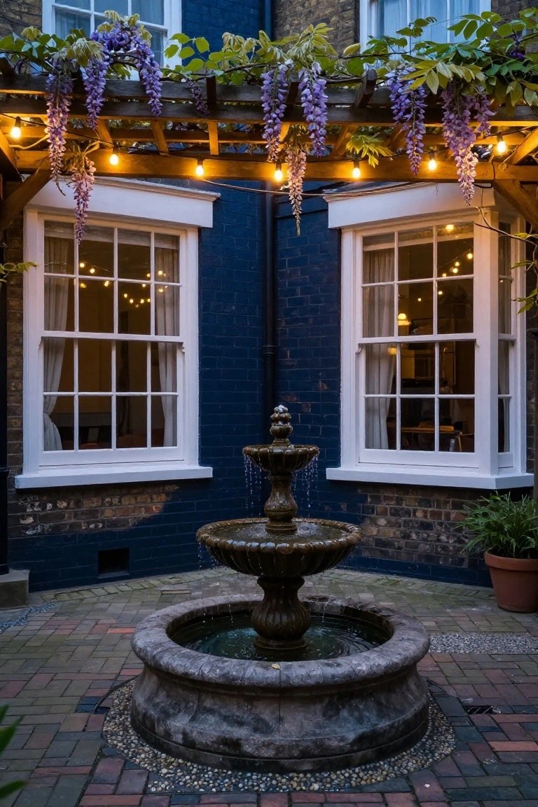 Paved courtyard with central stone fountain, blue brick walls and white sash windows on sides, wooden pergola overhead draped in purple wisteria and lit with string lights.