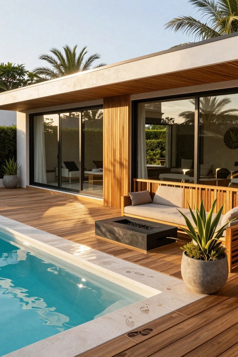 Modern house with white stucco and wood cladding, large sliding glass doors, wooden deck with built-in bench and black fire pit table, potted plants, and adjacent rectangular turquoise pool.