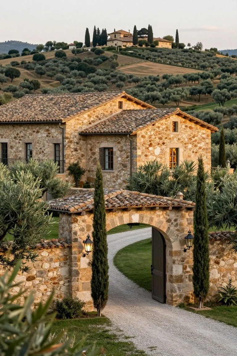 Arched stone gateway with dark wooden door flanked by tall cypress trees and lanterns, leading to a multi-building stone villa with terracotta roofs amid olive trees on a hillside.