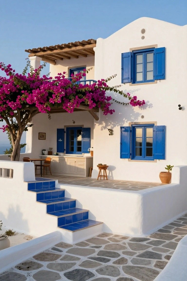 White house with blue shutters and doors, purple bougainvillea cascading over a wooden pergola above an outdoor kitchen area, blue tiled steps, and pebbled stone pathway.
