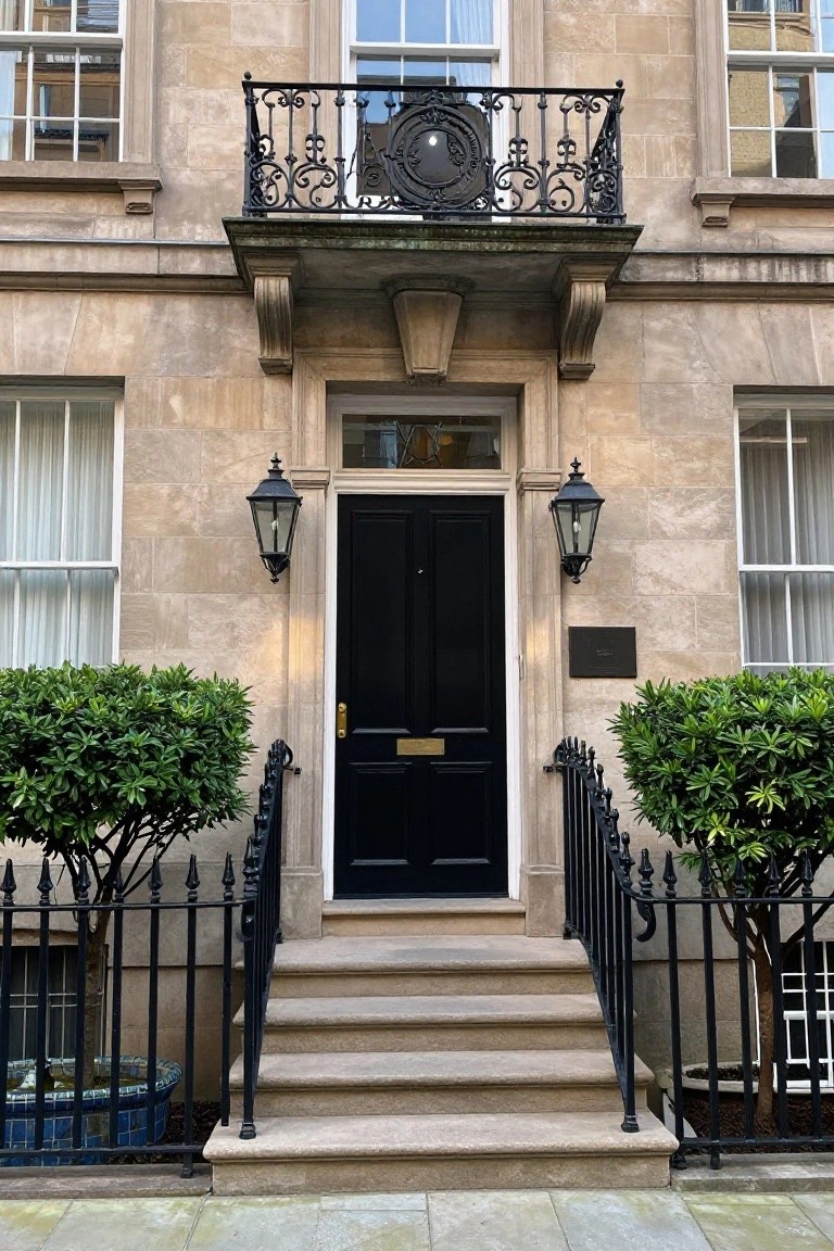 Elegant black door with ornate balcony, lanterns, and stone steps.