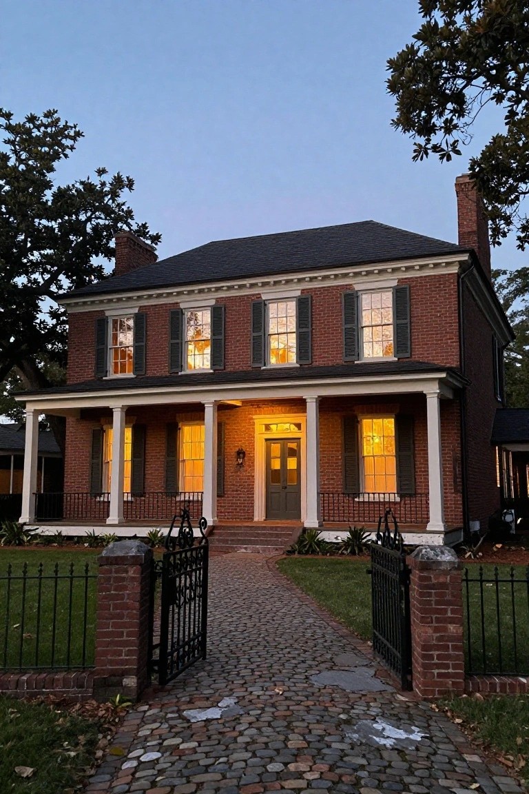 Two-story red brick house with white columned front porch, black shutters on multi-pane windows, warm interior lights visible, wrought-iron gate and brick-bordered cobblestone pathway at dusk.
