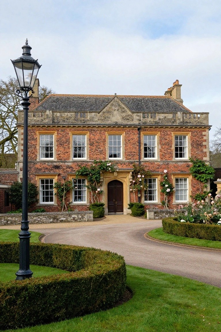 Two-story red brick house with light stone gables and trim, sash windows, central dark wood door under archway, pink climbing roses on walls, curved gravel driveway edged by boxwood hedges and tall black metal lantern post, green lawn and gardens.