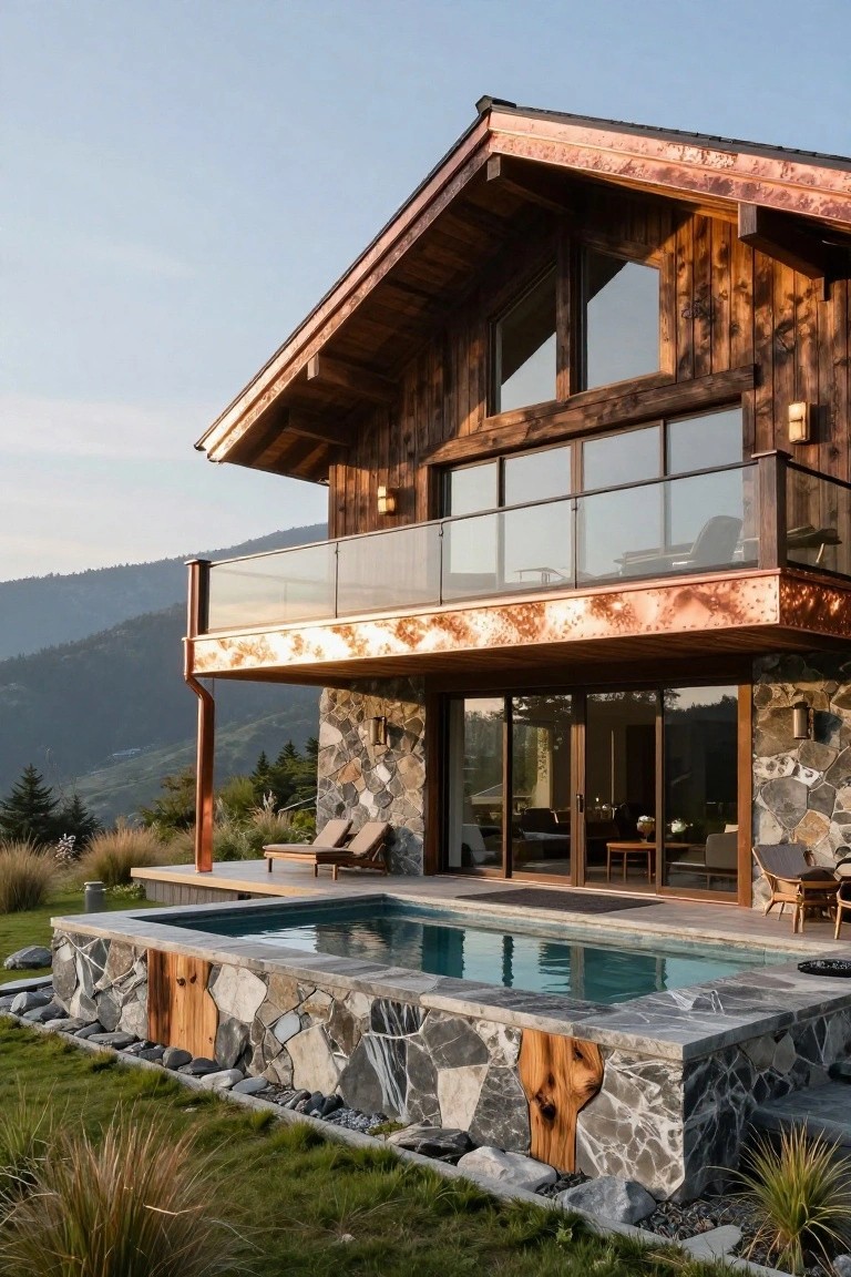 Modern wooden chalet with stone pool and mountain backdrop.