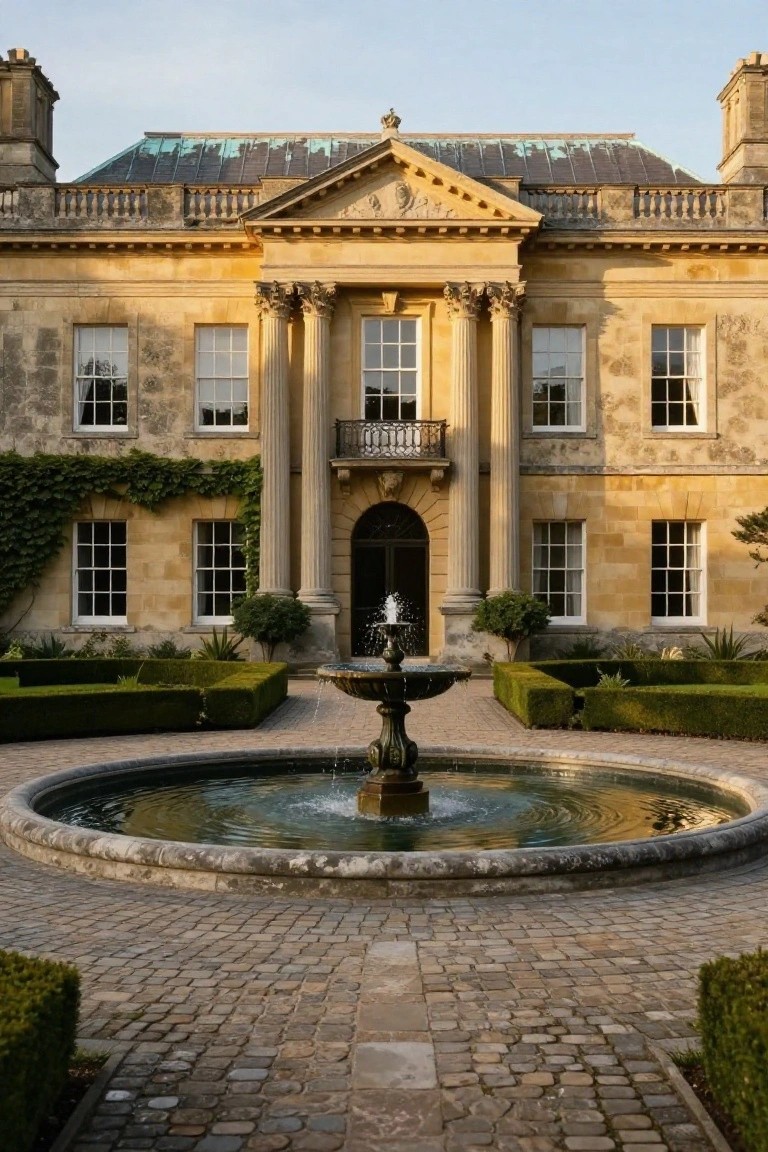 Yellow stone mansion with columned portico entrance, central stone fountain in circular gravel driveway lined with boxwood hedges.