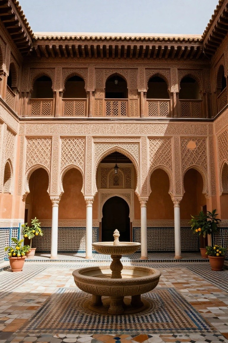 Sunlit courtyard with central stone fountain, arched colonnades of pink stucco, wooden upper balconies, zellige tiled floor, and potted lemon trees.