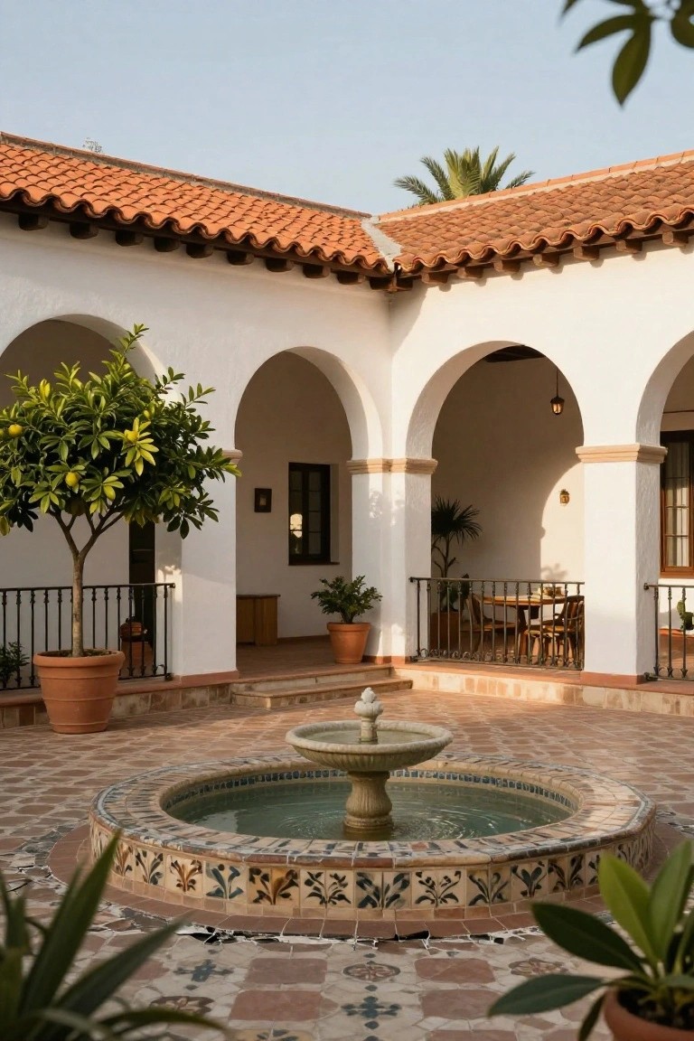 White stucco walls with red tile roof enclose a courtyard patio centered on a circular stone fountain with blue and multicolored tile edging, surrounded by potted plants, arches, and a small table with chairs.