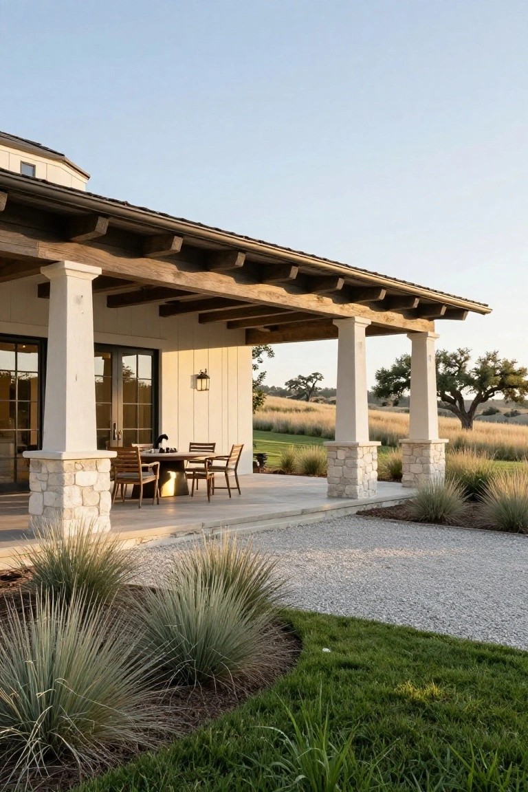 Side exterior view of a house with a covered porch supported by tall stucco columns on stone bases, exposed wooden beams overhead, an outdoor wood dining table with chairs, gravel pathway, ornamental grasses, and oak trees in the background.
