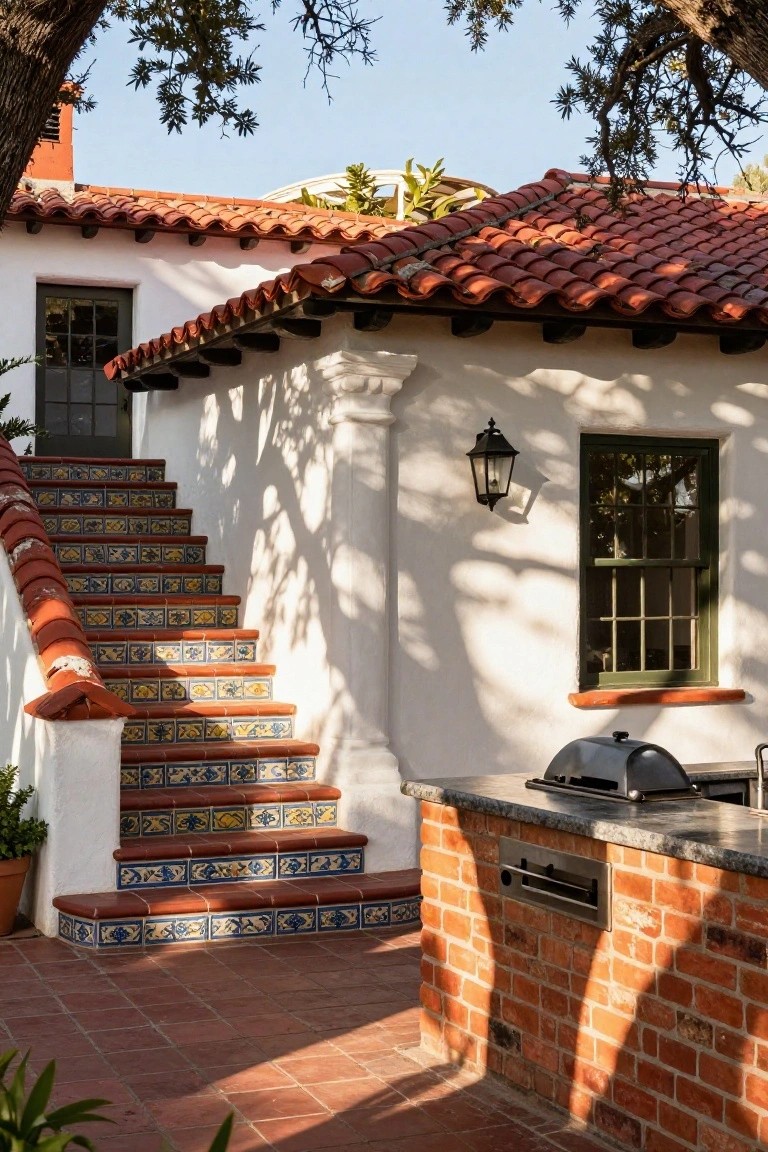 Spanish-style courtyard with tiled stairs, brick barbecue, and terracotta roof.