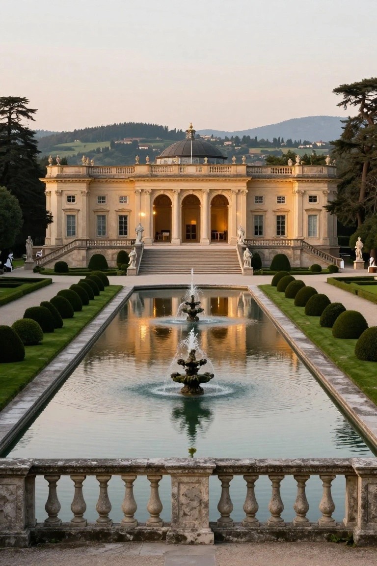 Symmetrical beige neoclassical villa with central dome, arched portico, and grand staircase reflected in a long rectangular pool with fountains, flanked by boxwood hedges in manicured gardens, with statues and trees in the background.