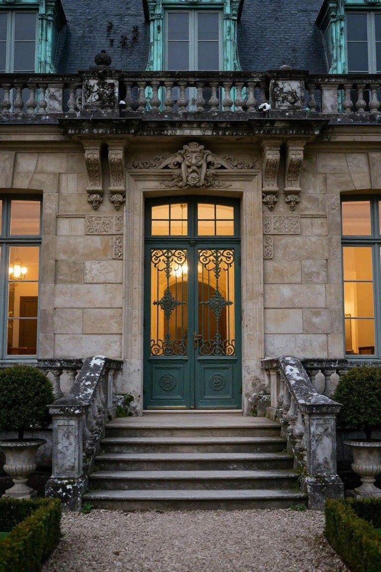 Front exterior of a stone mansion with green shutters and double doors, wide stone steps ascending from a gravel path flanked by boxwood shrubs and urns.