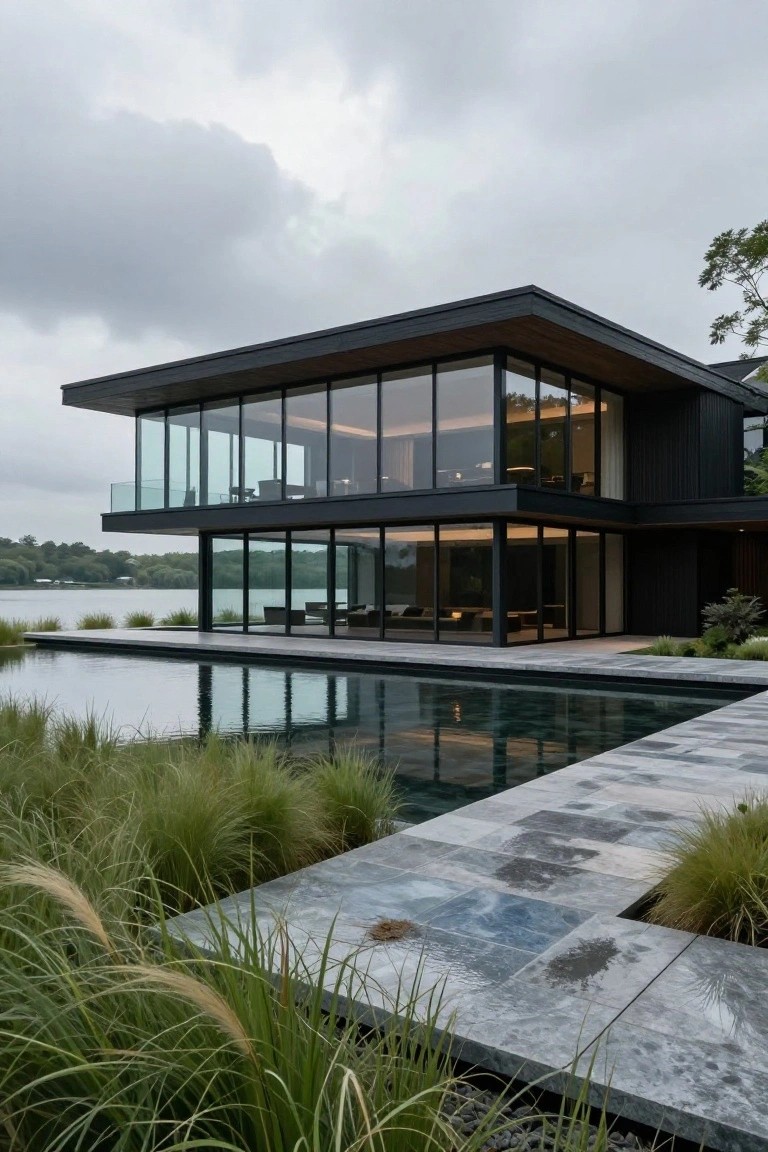 Modern black house with cantilevered upper level, large glass walls, infinity-edge pool terrace, stone paving, and tall grasses at the edge of a lake under cloudy skies.