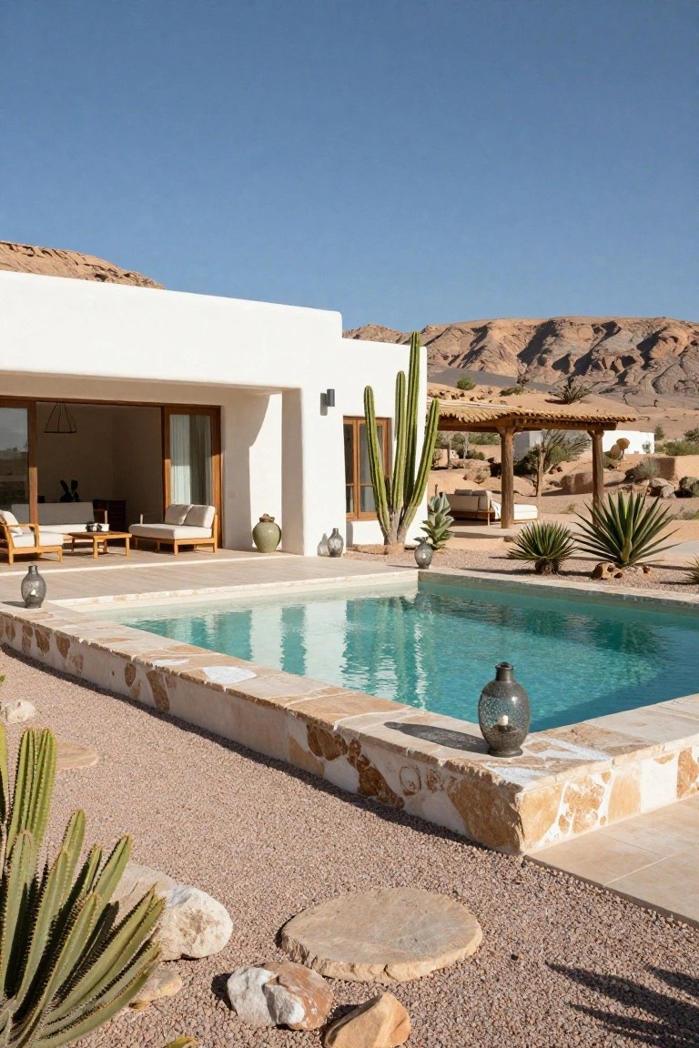 White modern house with open wooden doors to terrace overlooking turquoise pool with beige rough stone edging, gravel yard planted with cacti and agaves, and rocky desert mountains in background.