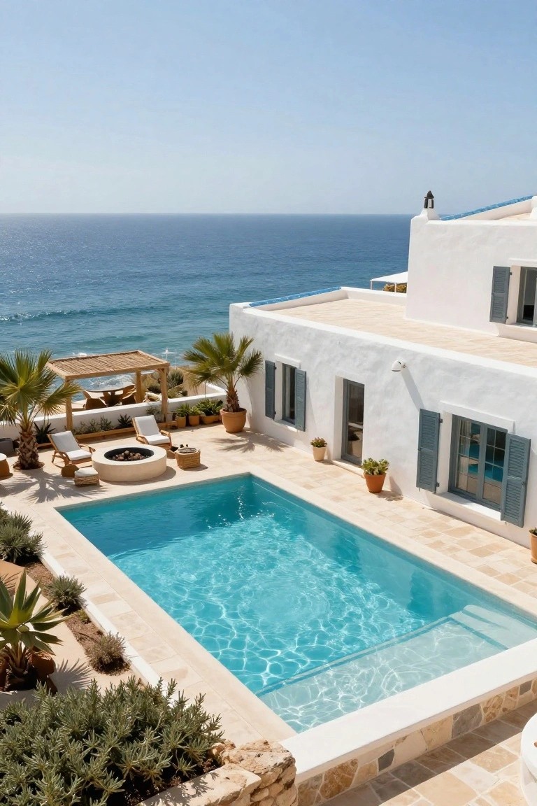 Aerial photo of a white stucco house with blue shutters, a rectangular turquoise pool on a beige-tiled terrace overlooking the ocean, lounge chairs, a round stone fire pit, and palm trees.