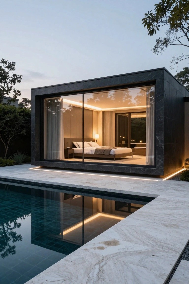 Black modular bedroom pavilion with floor-to-ceiling glass walls elevated over a turquoise pool deck, surrounded by tropical plants and trees at dusk.
