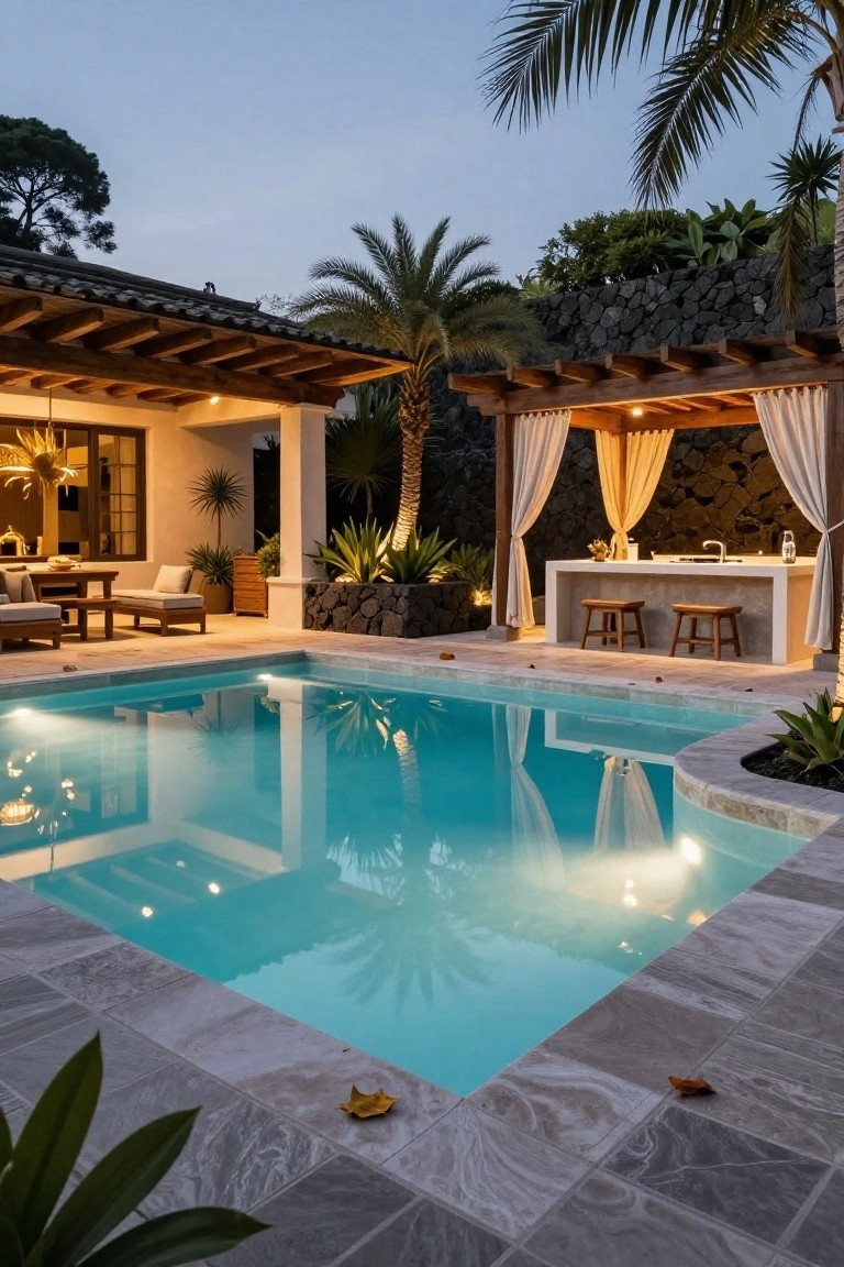 Dusk view of turquoise pool beside wooden pergola with white countertop bar, wooden stools, lava rock walls, draped curtains, palm trees, and landscape lighting.