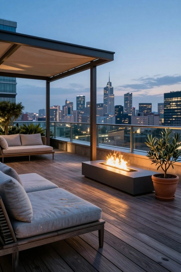 Rooftop terrace at dusk with wooden decking, low beige lounge seating, linear gas fire pit with flames, potted plants, pergola shade structure, glass railing, and city skyline view.