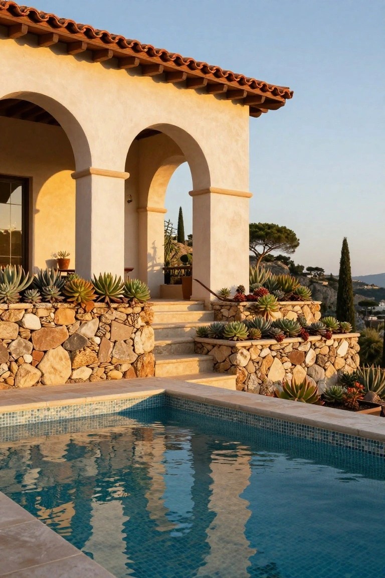 Stone retaining walls planted densely with succulents and agaves next to wide steps leading up to a stucco house with arched entryways and a turquoise mosaic pool at the base, on a hillside with distant trees and hills.