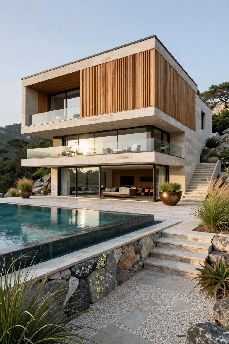 Modern concrete villa with wooden accents, glass balconies, and infinity pool.