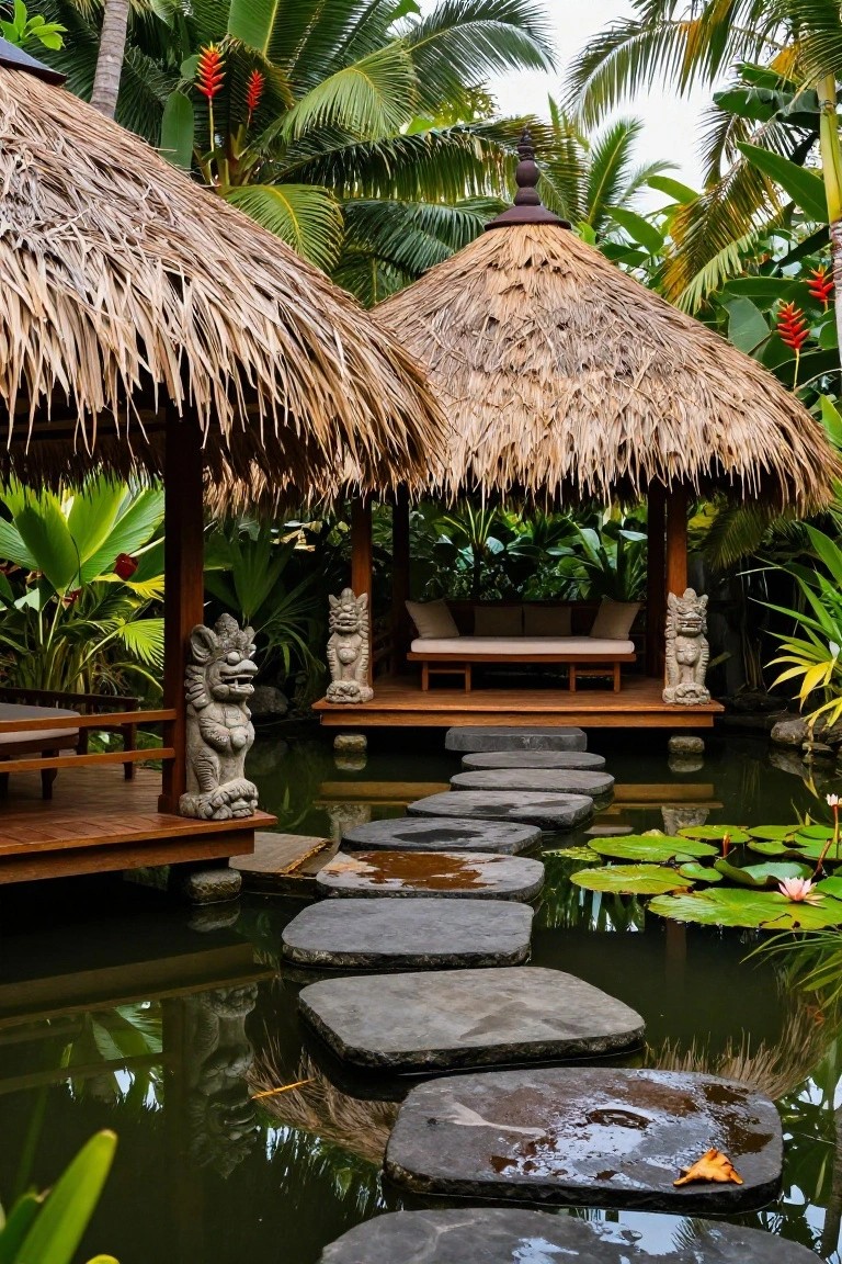 Wooden pavilion with thatched roof elevated over a pond crossed by dark stone stepping stones and lily pads, flanked by carved stone statues amid lush tropical plants.
