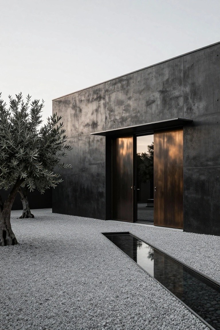 Modern minimalist house exterior featuring dark textured concrete walls, large bronze sliding entry doors, an olive tree, white pebble gravel ground cover, and a long narrow black-water reflecting channel leading to the entrance.