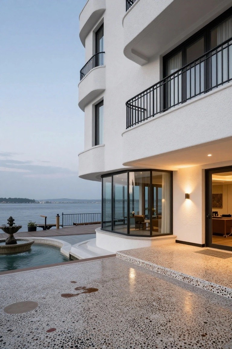 Modern white building with curved balconies overlooking water and stone terrace.