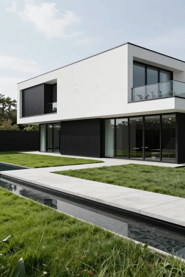 Modern two-story house exterior featuring white walls with black vertical cladding panels, large glass windows and doors, a glass balcony, stone pathway, grass lawn, and narrow black water channel.