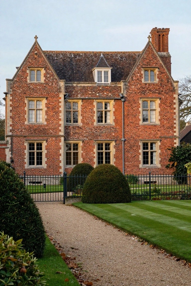 Red brick Tudor-style house with steep gabled roofs, tall brick chimneys, mullioned windows, black iron gate flanked by topiary shrubs, and gravel pathway on manicured lawn.