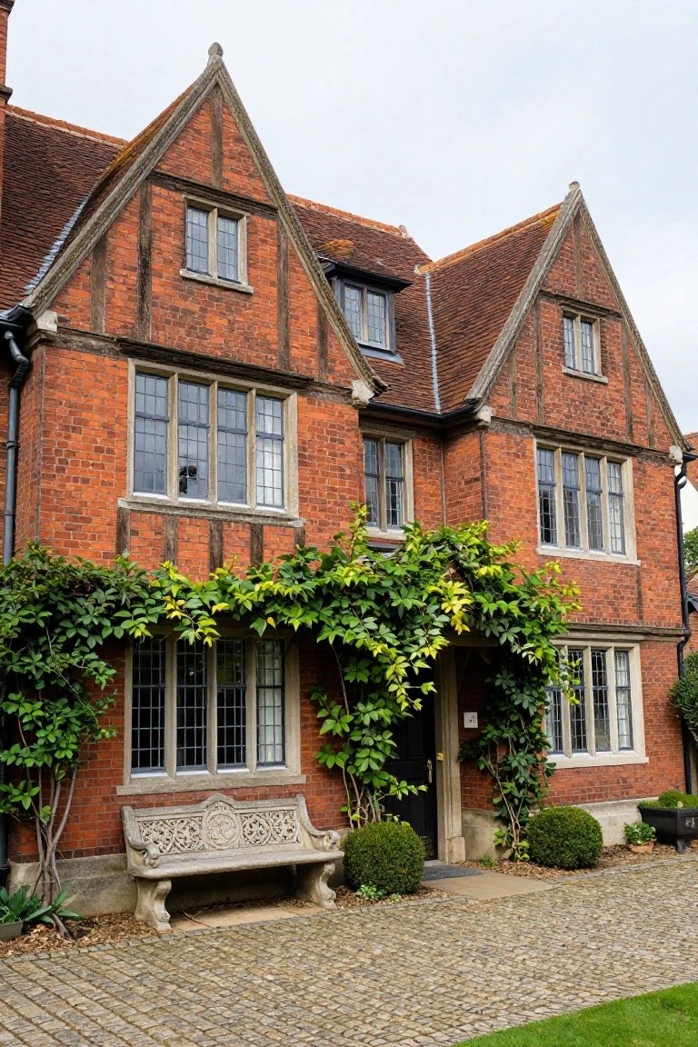 Red brick house with timber framing and steeply pitched tile roofs, climbing green vines forming an arch over the wooden front door, carved stone bench nearby, boxwood shrubs, and cobblestone pathway.
