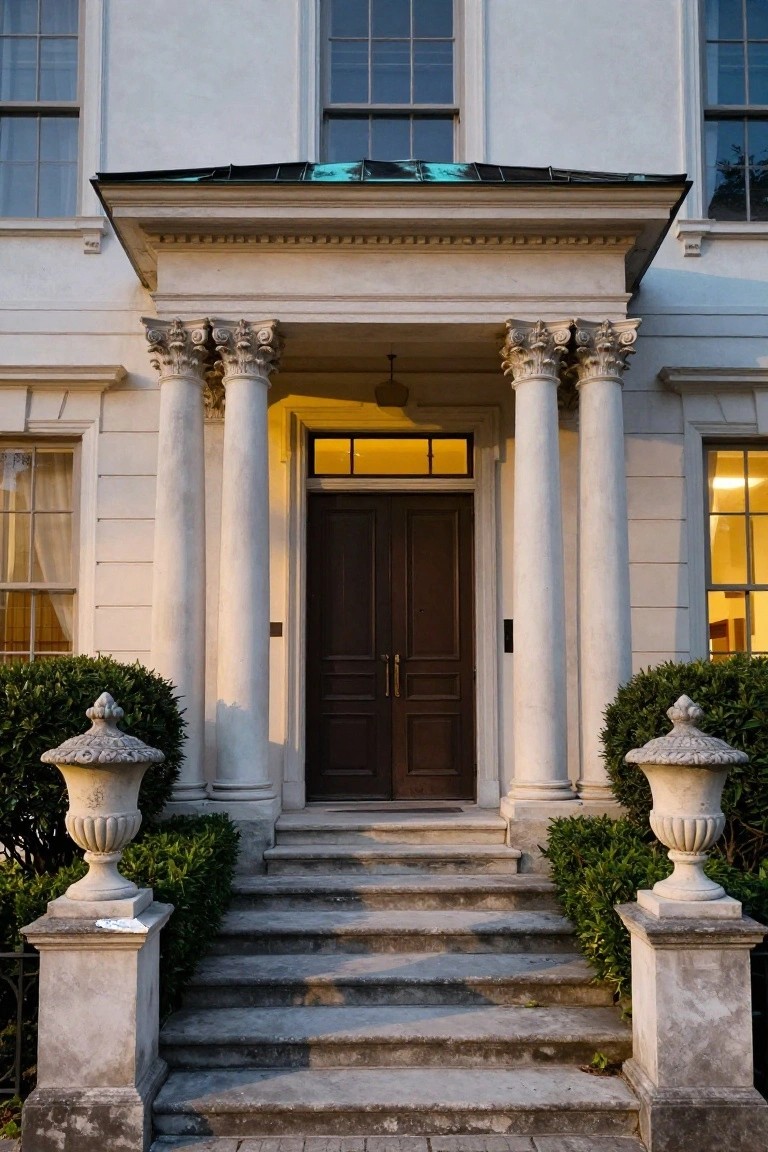 Classical stone columns frame a grand wooden doorway with steps.