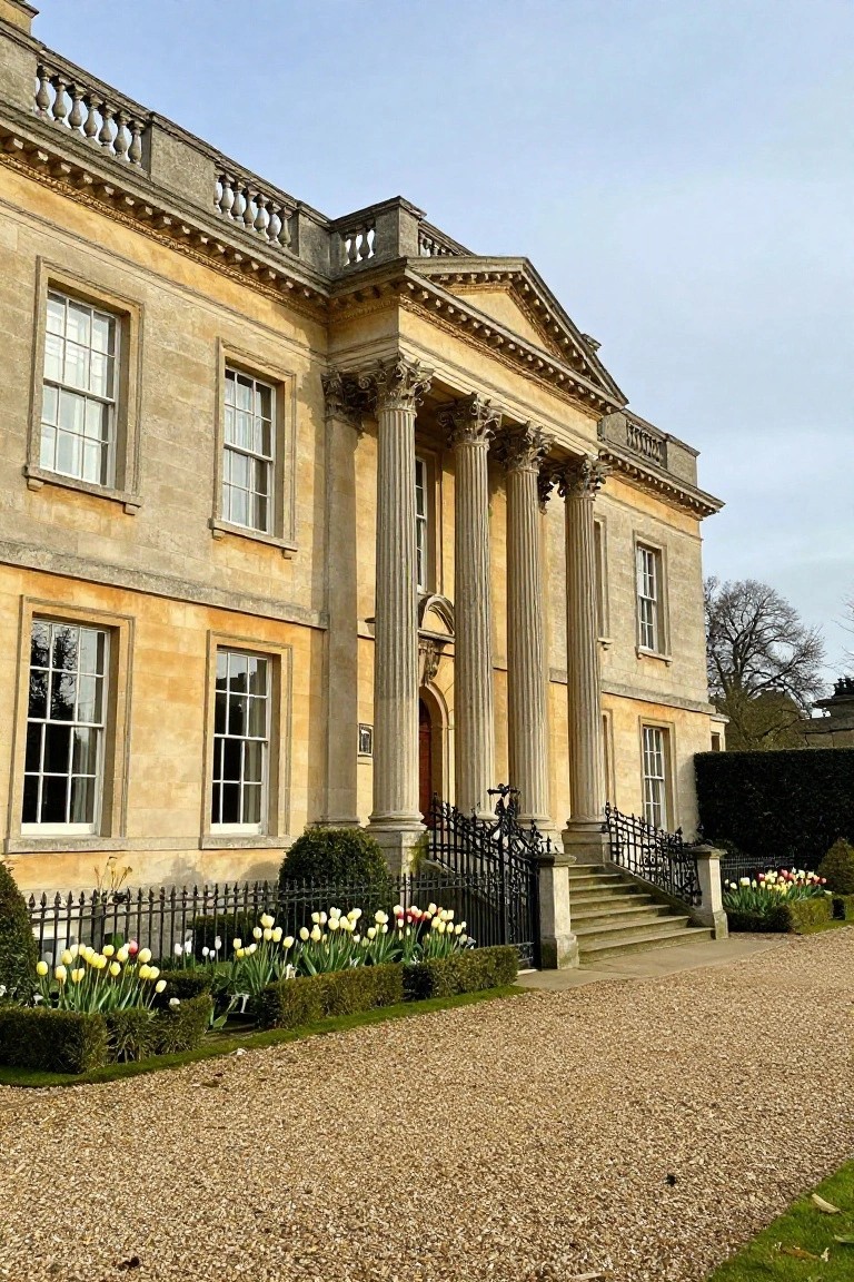 Beige stone mansion with a classical pedimented portico supported by four tall fluted columns, flanked by wrought iron gates and steps, tulip flower beds, boxwood hedges, and a gravel driveway.