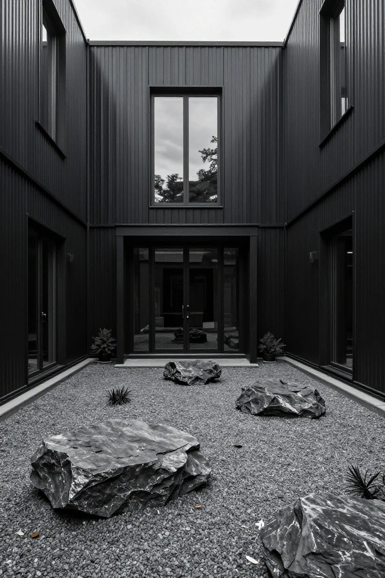Black metal-clad modern building surrounding a gravel courtyard entry with large irregular rocks, small plants, and a central glass door flanked by potted greenery.