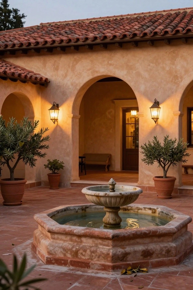 Courtyard fountain with potted plants, arches, and warm lantern light.