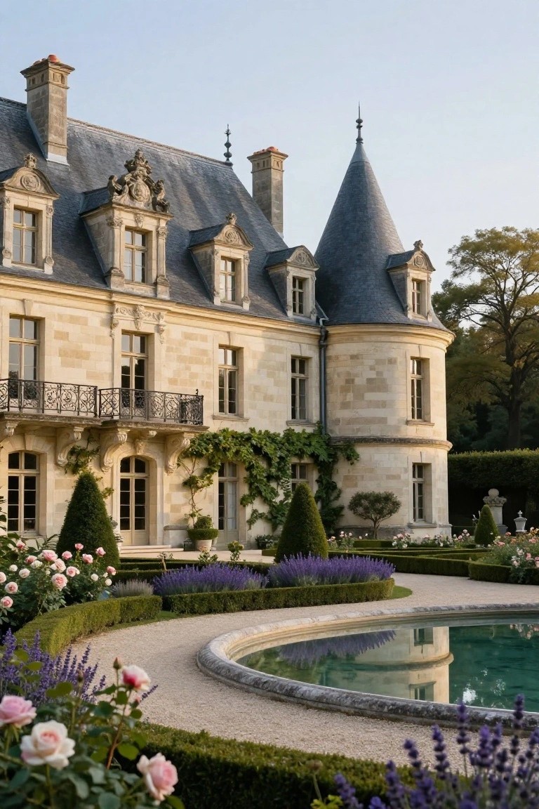 Beige stone chateau building with slate roof, conical tower, and formal garden featuring boxwood hedges, lavender, roses, gravel path, and oval green reflecting pool.