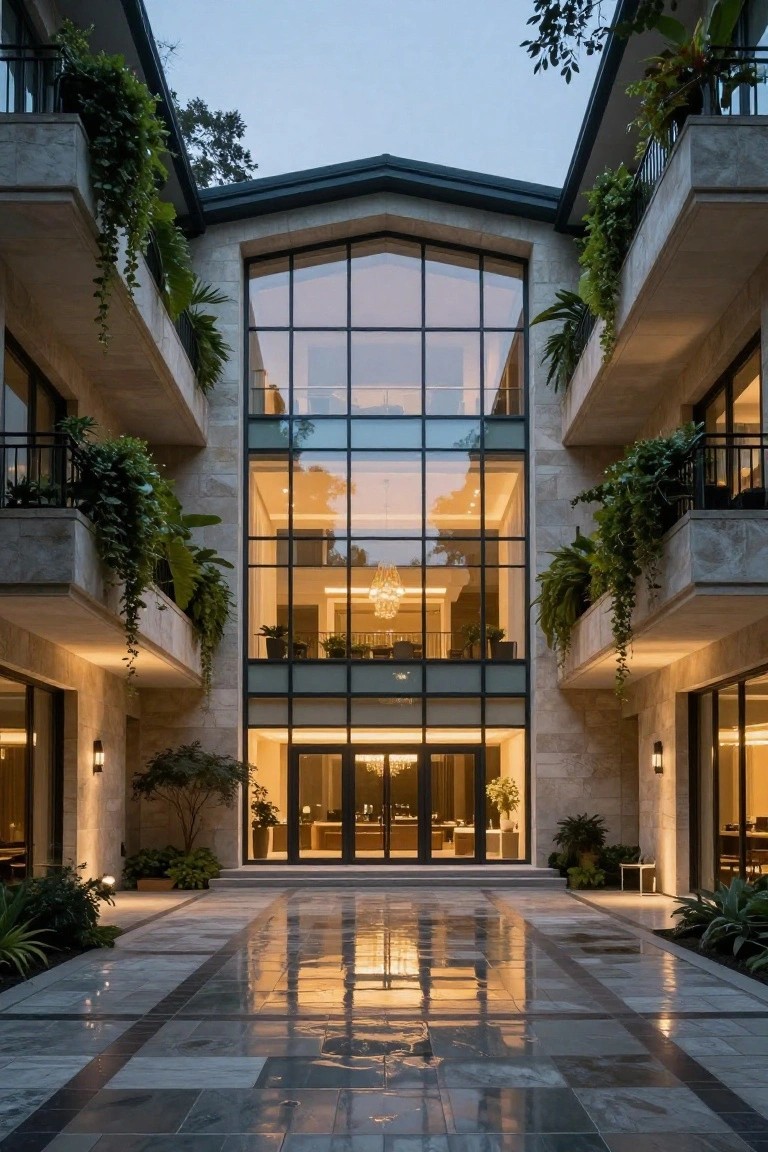 Stone mansion exterior featuring large central glass windows, balconies and railings covered in lush tropical plants, and a paved courtyard entry at dusk.