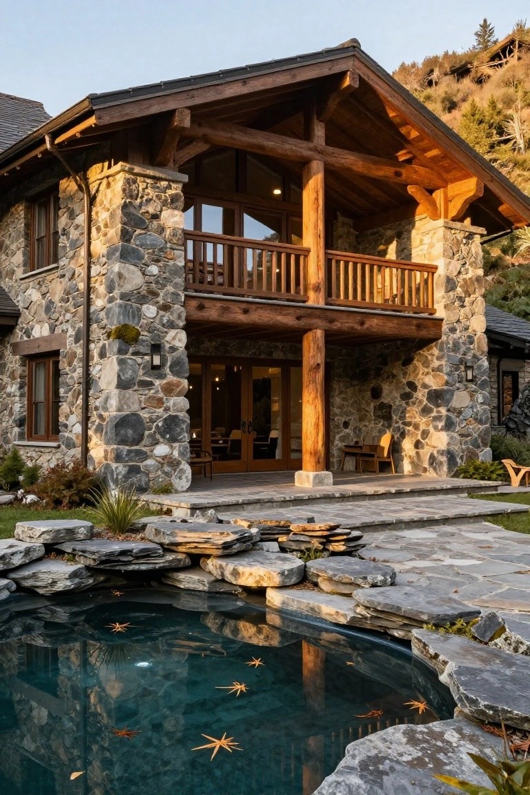 Two-story house exterior with gray fieldstone walls, dark exposed timber beams and posts supporting a balcony and roof overhang, glass doors opening to a patio, and a nearby rock-lined pond with koi fish and plants.