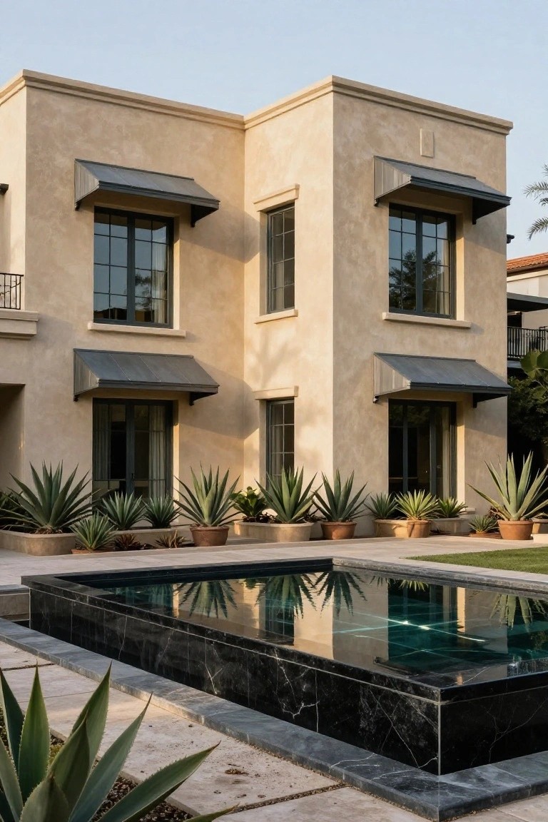 Modern villa with beige walls, dark metal awnings, and a reflective pool.
