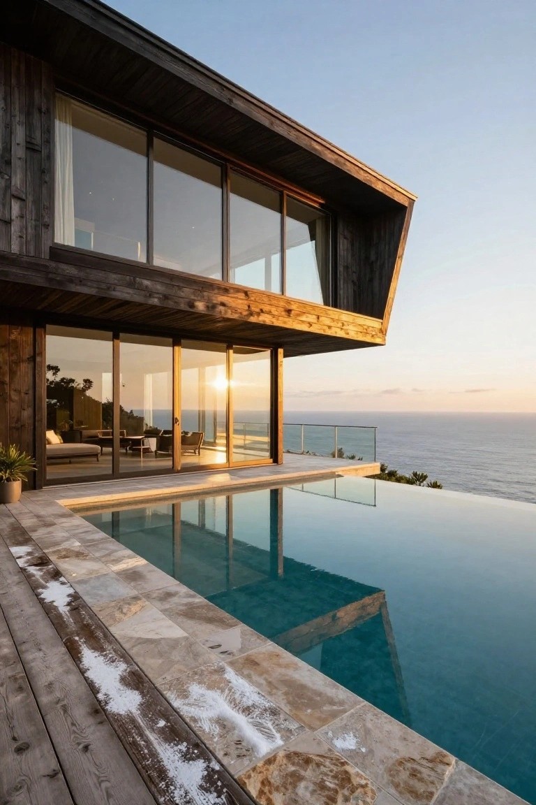 Cantilevered modern house with dark wood siding and large glass walls above an infinity edge pool on a wooden and stone deck overlooking the ocean.