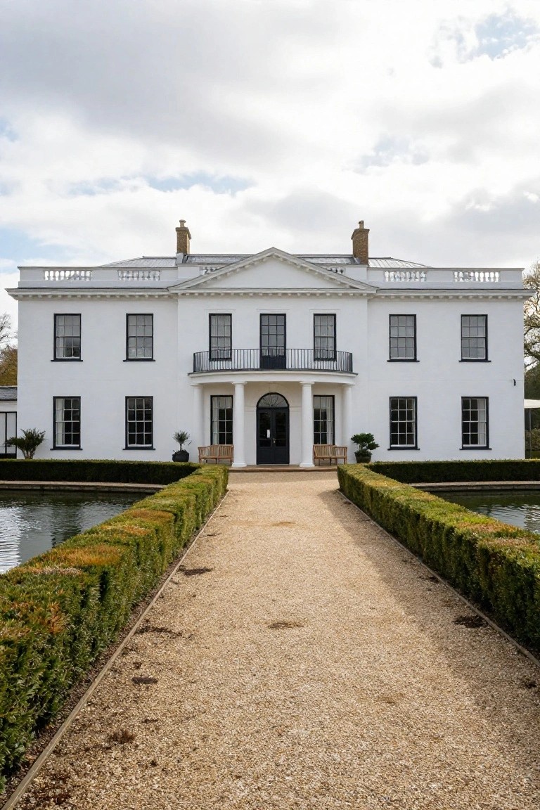 White neoclassical mansion with gravel path, hedges, and reflecting pools.