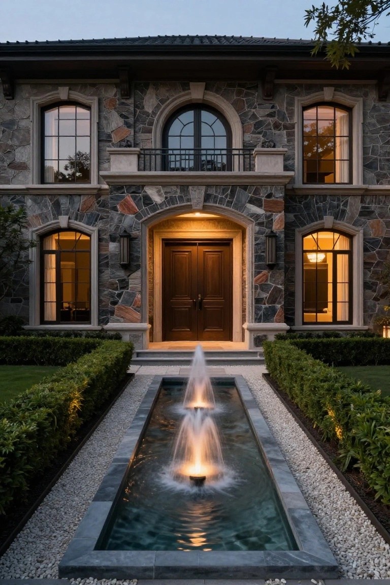 Elegant stone mansion with glowing fountain and arched wooden doorway at dusk.