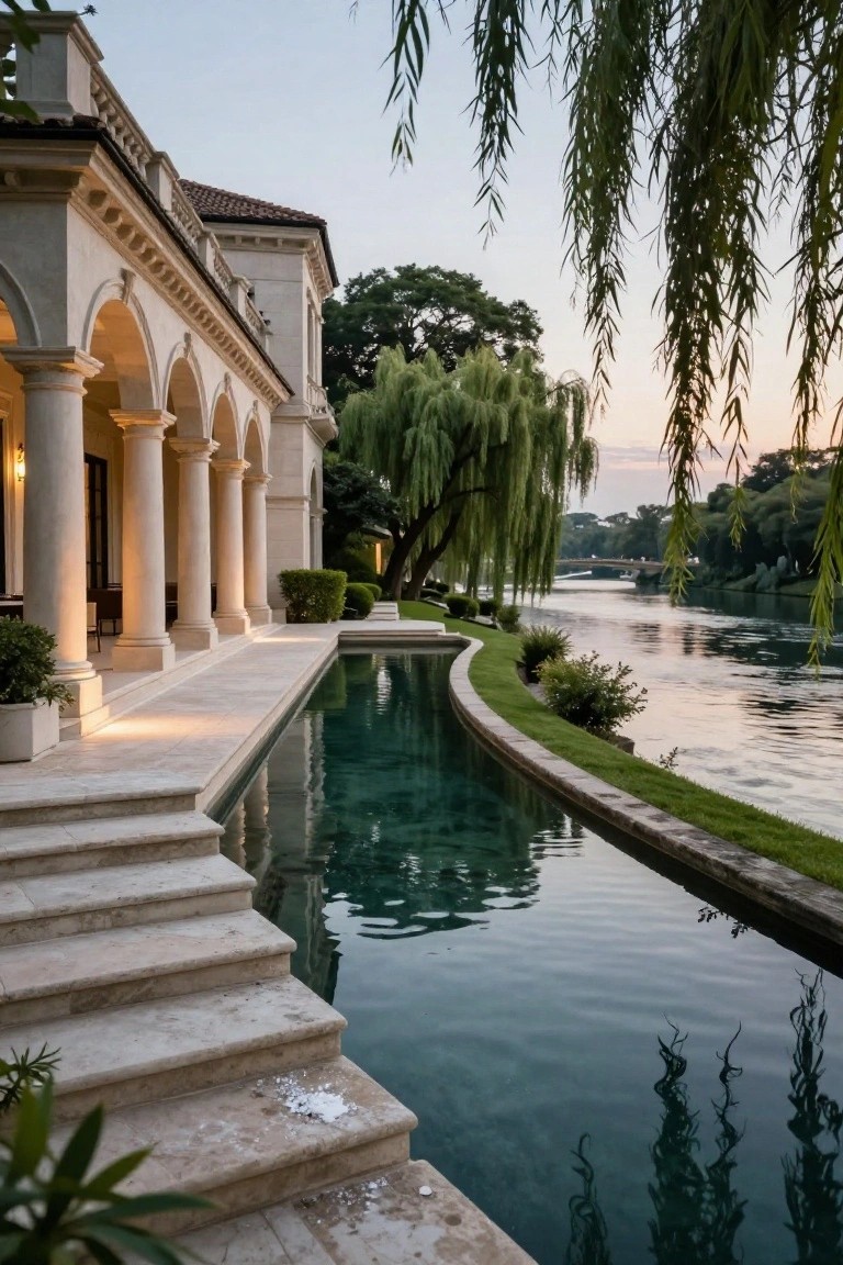 Beige stucco mansion exterior with arched columns and tiled roof, long narrow infinity pool beside the stone terrace, grass edging, plants, weeping willow trees, and river view at dusk.