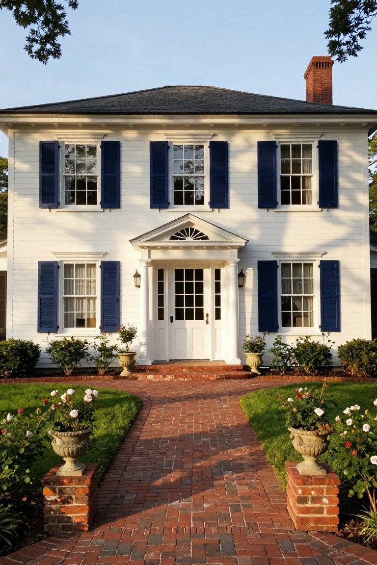 White two-story clapboard house with navy blue shutters on all windows, dark shingled roof, brick chimney, pedimented entry porch with columns and glass door, brick pathway leading to steps flanked by brick pedestals holding urns with roses and shrubs in the yard.