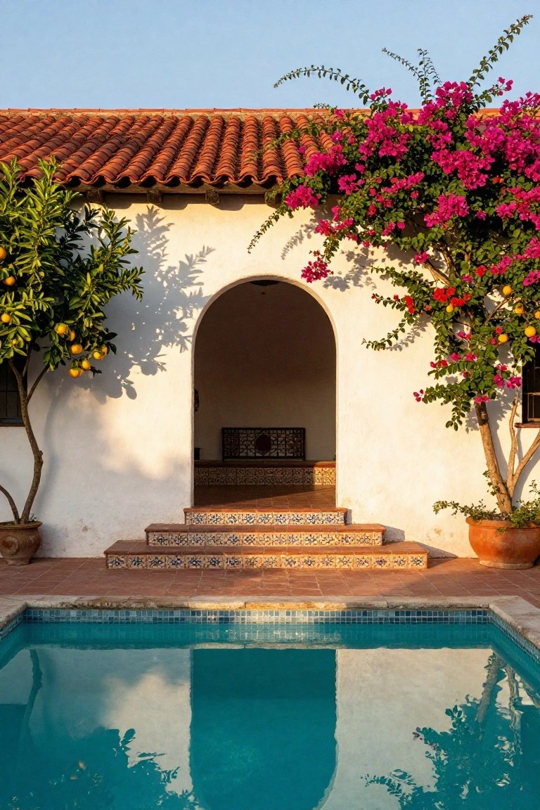 Spanish-style courtyard with pool, bougainvillea, citrus trees, and arched entryway.