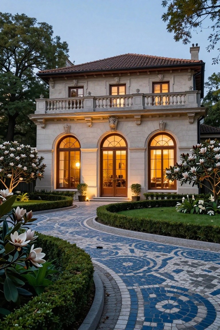 Two-story beige stucco house with terracotta tile roof, stone balcony, and arched windows lit at dusk, approached by a curved blue mosaic tile pathway edged with boxwood hedges and magnolia trees.