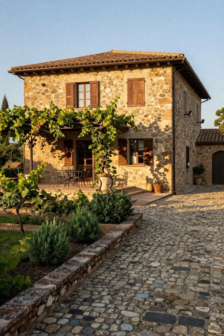 Stone house with terracotta tile roof and wooden shutters, featuring a pergola terrace covered in green grapevines with outdoor table and chairs, next to landscaped beds and a cobblestone path.