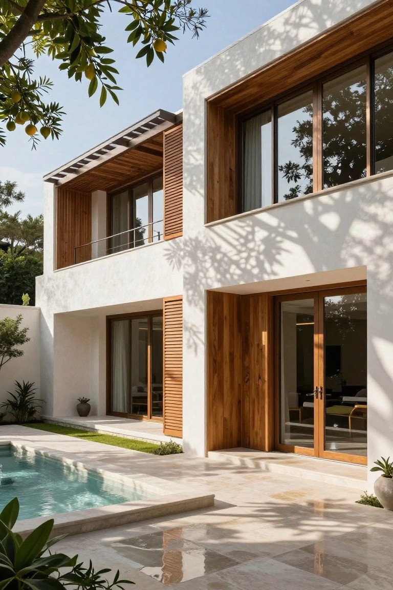 White stucco house exterior featuring vertical wood slats on windows and doors, large glass panels, a turquoise pool, stone patio, and surrounding tropical plants and trees.