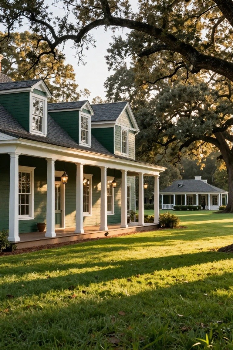 Green clapboard house with white trim, dormer windows, and wraparound porch supported by white columns, next to lawn and oak trees with small white pavilion in background.