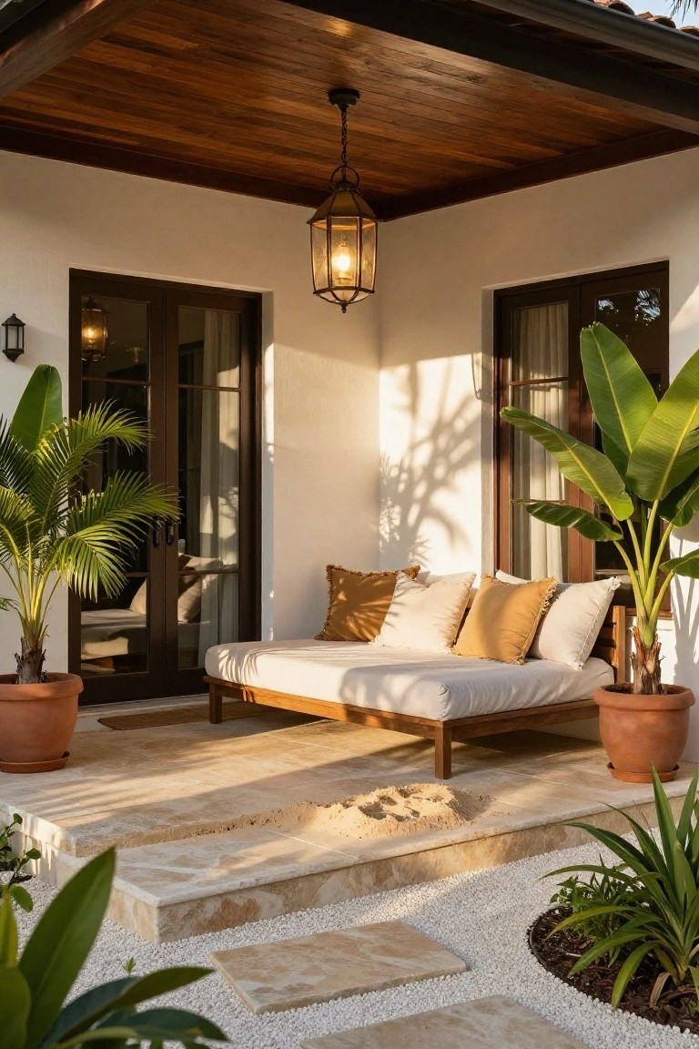 Sunlit patio with wooden daybed, potted palms, and hanging lantern.