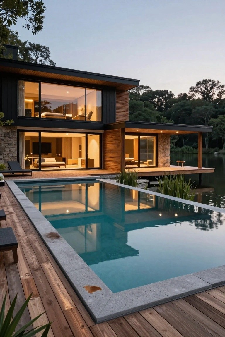 Modern lakeside villa with glowing windows and infinity pool at dusk.
