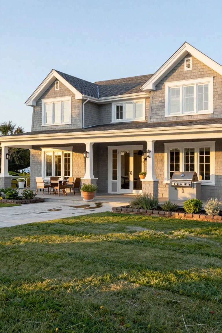 Gray shingle house with gabled roofline, wide covered porch supported by white columns, outdoor dining table with chairs, French doors, built-in grill on adjacent patio, and landscaped yard with grass, plants, and pavers.